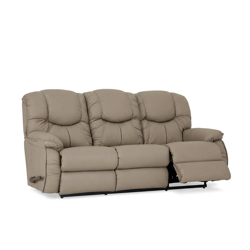 Mushroom full-leather reclining sofa with drop-down table, tufted back and padded chaise
