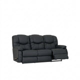 Black full-leather reclining sofa with drop-down table, tufted back and padded chaise