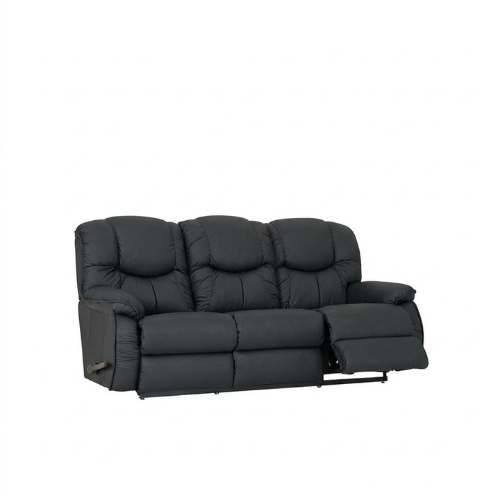 Black full-leather reclining sofa with drop-down table, tufted back and padded chaise