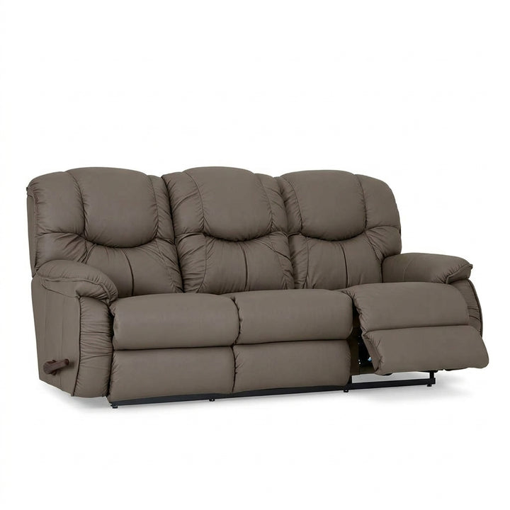 Pebble full-leather reclining sofa with drop-down table, tufted back and cushioned arms