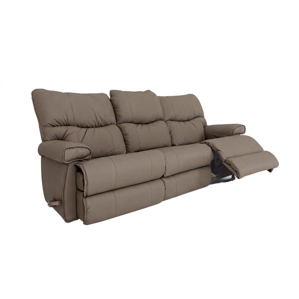Leather motion reclining sofa in pebble brown leather, tufted back and reclining footrests