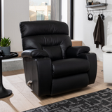 Black leather rocker recliner with cupholder, deep seat and padded armrests