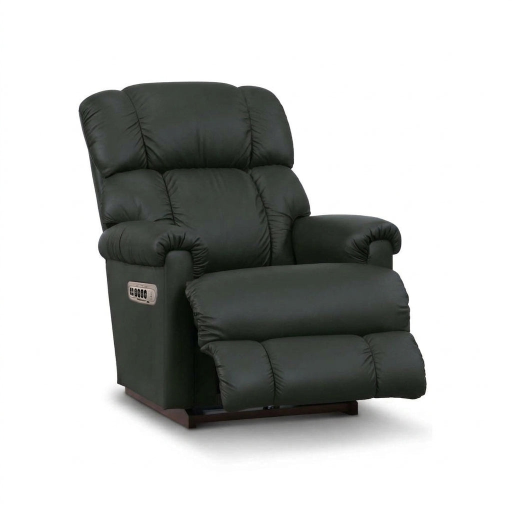 Black leather-look rocker recliner with padded arms, tufted back, and wide chaise seat