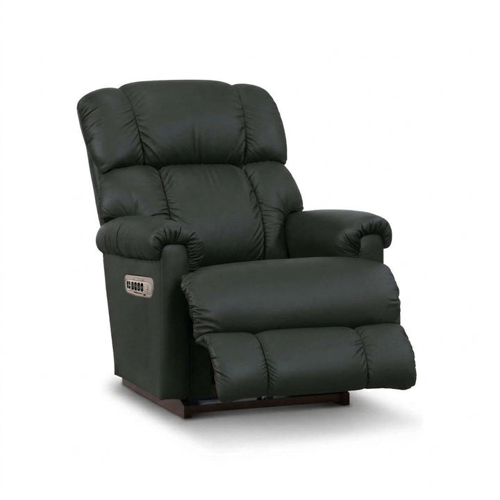 Black leather-look rocker recliner with padded arms, tufted back, and wide chaise seat