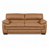 Warm brown leather-look sofa with two back cushions, rolled arms, and center seam