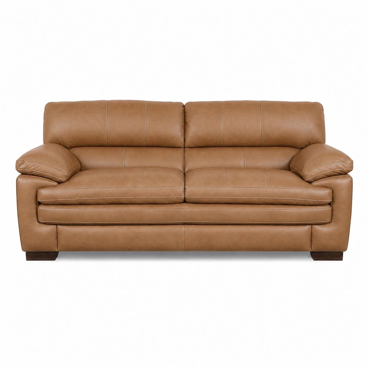 Warm brown leather-look sofa with two back cushions, rolled arms, and center seam