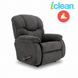 Charcoal fabric rocker recliner with wide cushioned arms and recline footrest