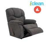 Charcoal fabric rocker recliner with padded arms, recline footrest, and tufted back
