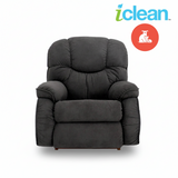 Charcoal fabric rocker recliner front view with tufted back and padded seat