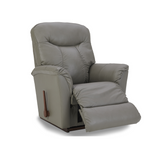 Gray leather rocker recliner reclined, showing extended footrest and side lever
