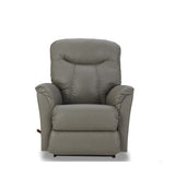 Gray leather rocker recliner with cushioned back, padded arms, and base