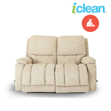 Fabric reclining loveseat with padded arms and tufted seat in light beige