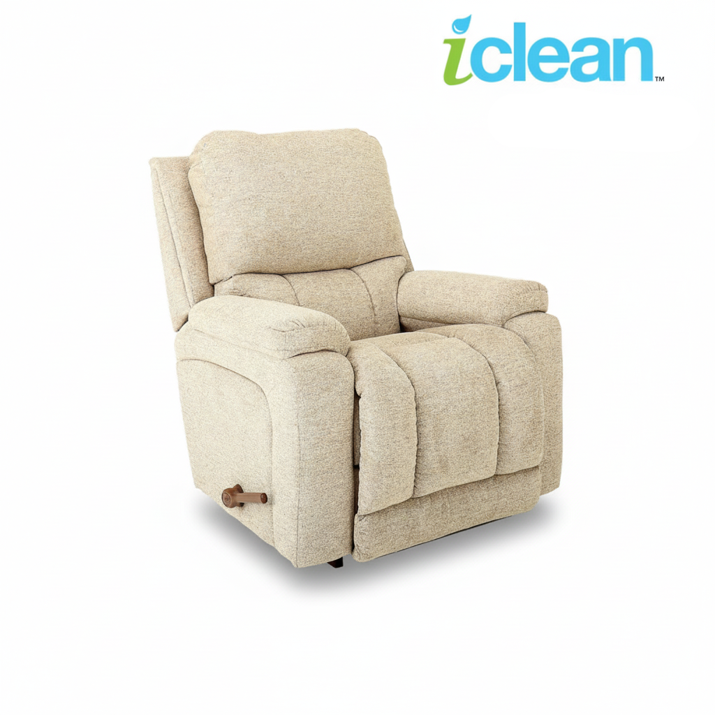 Light beige fabric rocker recliner with tall backrest and padded armrests