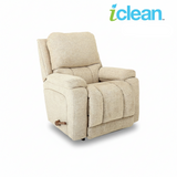 Light beige fabric rocker recliner with tall backrest and padded armrests