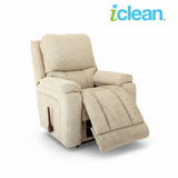 Light beige fabric rocker recliner with pull handle and footrest extended