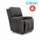 Charcoal grey rocker recliner chair, side view with recline footrest