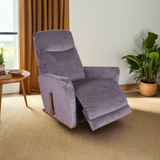 Purple fabric rocker recliner with curved back, side handle, and ottoman