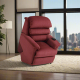 Red power lift recliner chair with padded headrest and side control on floor rug