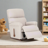 Light beige fabric rocker recliner with reclining footrest and padded arms, wooden handle
