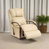 Full leather rocker recliner in light tan with recline footrest and curved wooden arms