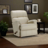 Cream leather rocker recliner with tufted back and padded arms