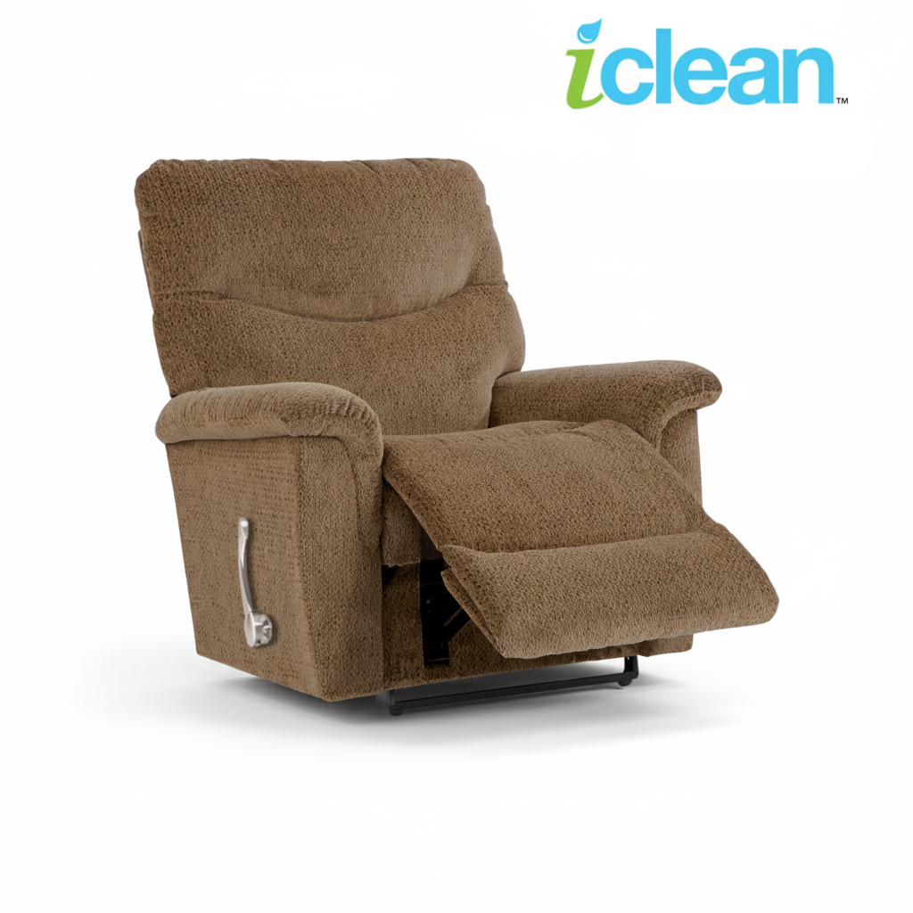 Dark brown fabric wall recliner reclined with lifted footrest and side lever
