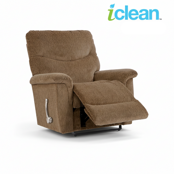 Dark brown fabric wall recliner reclined with lifted footrest and side lever