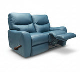 Blue leather motion reclining loveseat with wooden pull handle