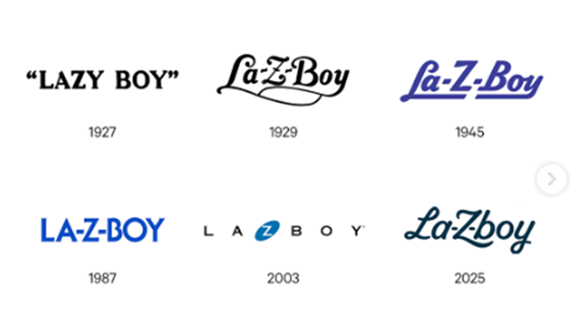 La-Z-Boy logo evolution: 1927, 1929, 1945, 1987, 2003 and 2025