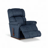 Dark blue fabric rocker recliner chair with wooden base and side control handle