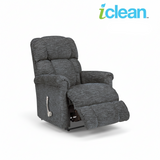 Gray fabric wall recliner chair with padded arms and extended footrest