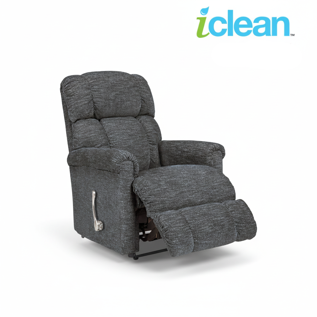 Gray fabric wall recliner chair with padded arms and extended footrest