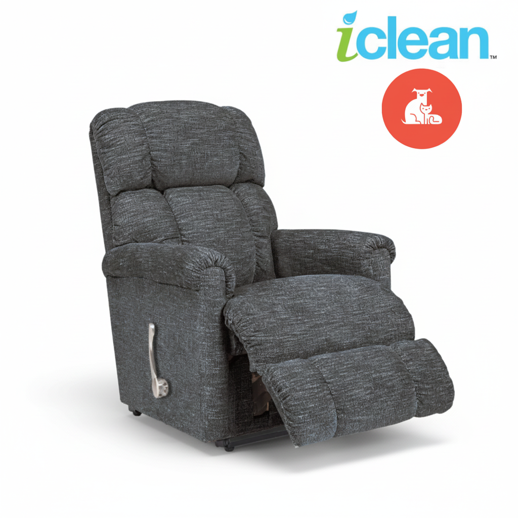 Charcoal fabric wall recliner with extended footrest and padded arms