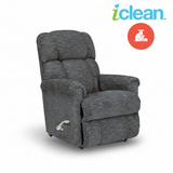 Charcoal fabric wall recliner, side view with fold-out footrest and armrests