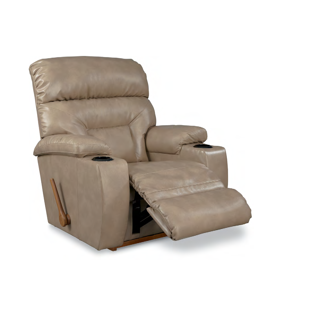 Beige recliner chair with cup holders on a white background