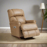 Brown full-leather power rocker recliner chair with side control panel and relaxed seat