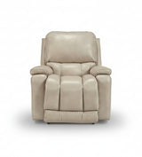 Full leather power rocker recliner in light beige, front view with divided seat panels