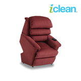 Red power lift recliner chair with padded headrest and side control remote