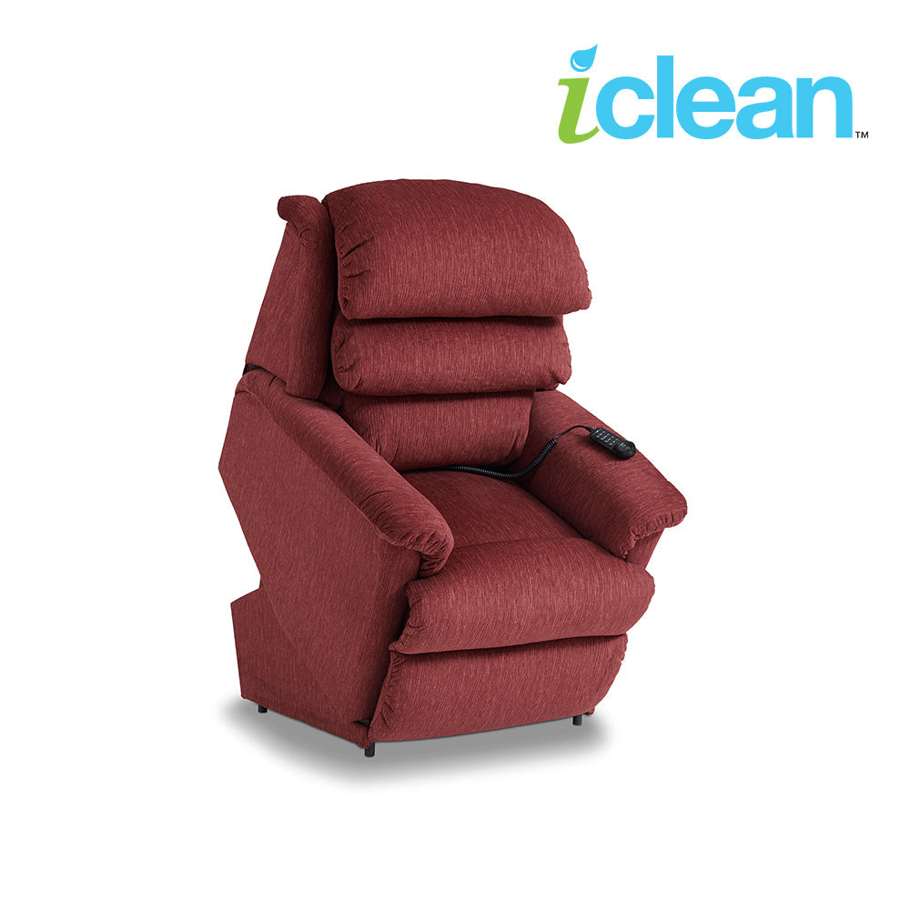 Red power lift recliner chair with padded headrest and side control remote