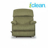 Green upholstered rocker recliner with wide seat, padded arms, and headrest