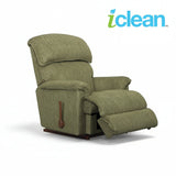 Green fabric rocker recliner with recline footrest and side control panel