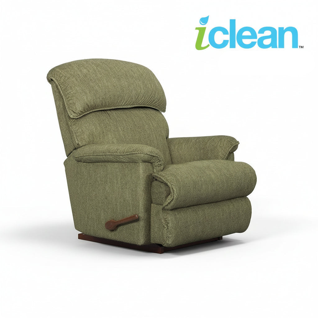 Green fabric rocker recliner with padded arms and high back