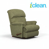 Green fabric rocker recliner with padded arms and high back