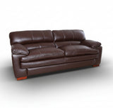 DEXTER Signature sofa in dark brown leather, side view with padded track arms and cushions