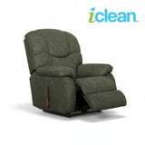 Fabric rocker recliner, dark green, side view with extended footrest