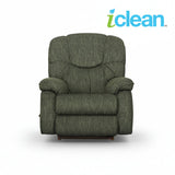 Fabric rocker recliner, dark green upholstery, rounded headrest and armrests