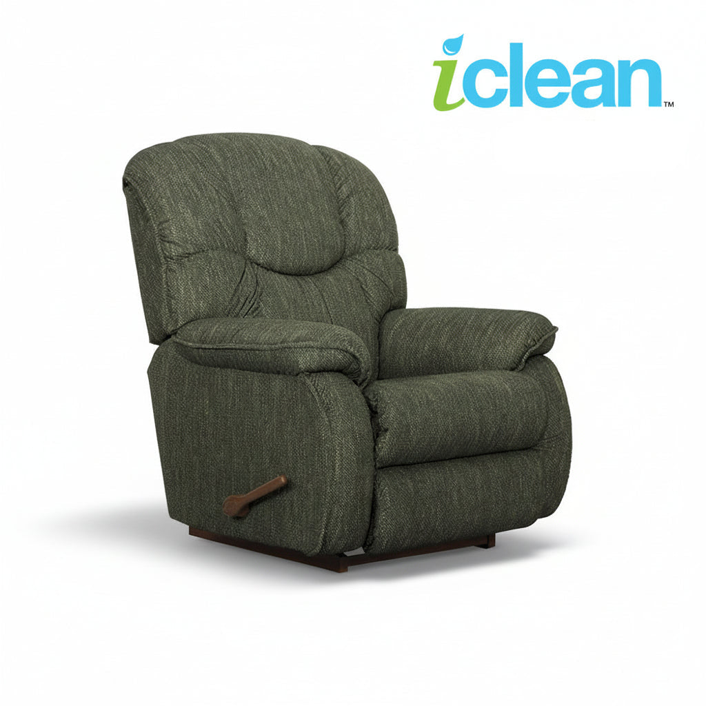 Fabric rocker recliner, dark green fabric, padded arms and reclining footrest