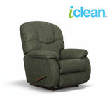 Fabric rocker recliner, dark green fabric, padded arms and reclining footrest
