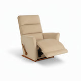 Beige fabric rocker recliner with lift-up footrest, side view.