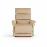 Beige fabric rocker recliner with padded back and seat, front view.